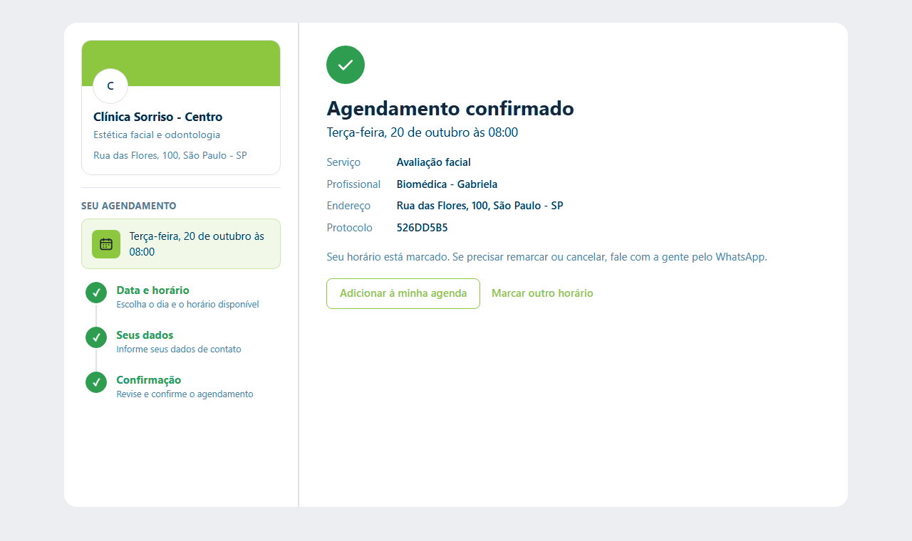 Tela final: agendamento confirmado, com dia, hora, protocolo e endereço