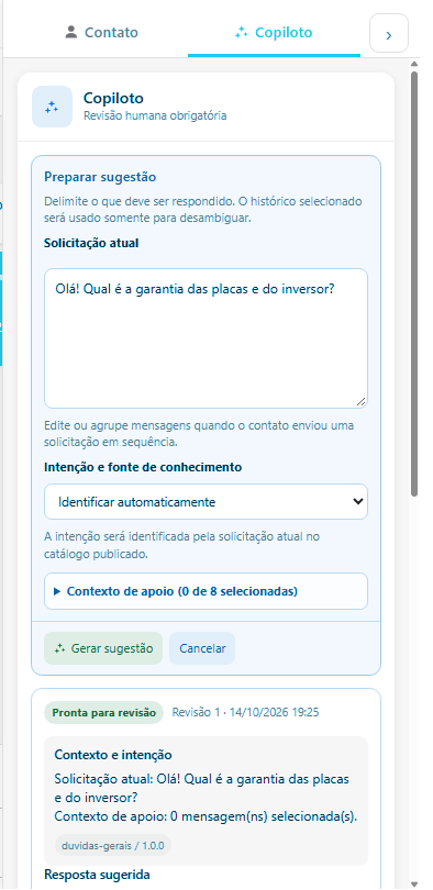 Copiloto preparando a sugestão