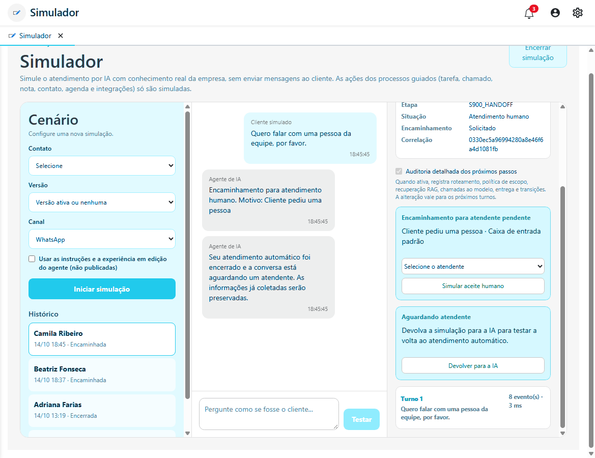 Simulador com passagem para atendente